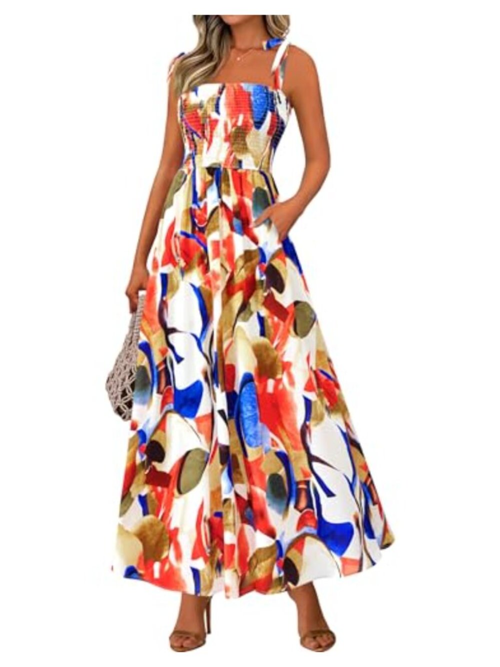 Womens Floral Smocked Maxi Dress Sleeveless Spaghetti Strap A Line Beach